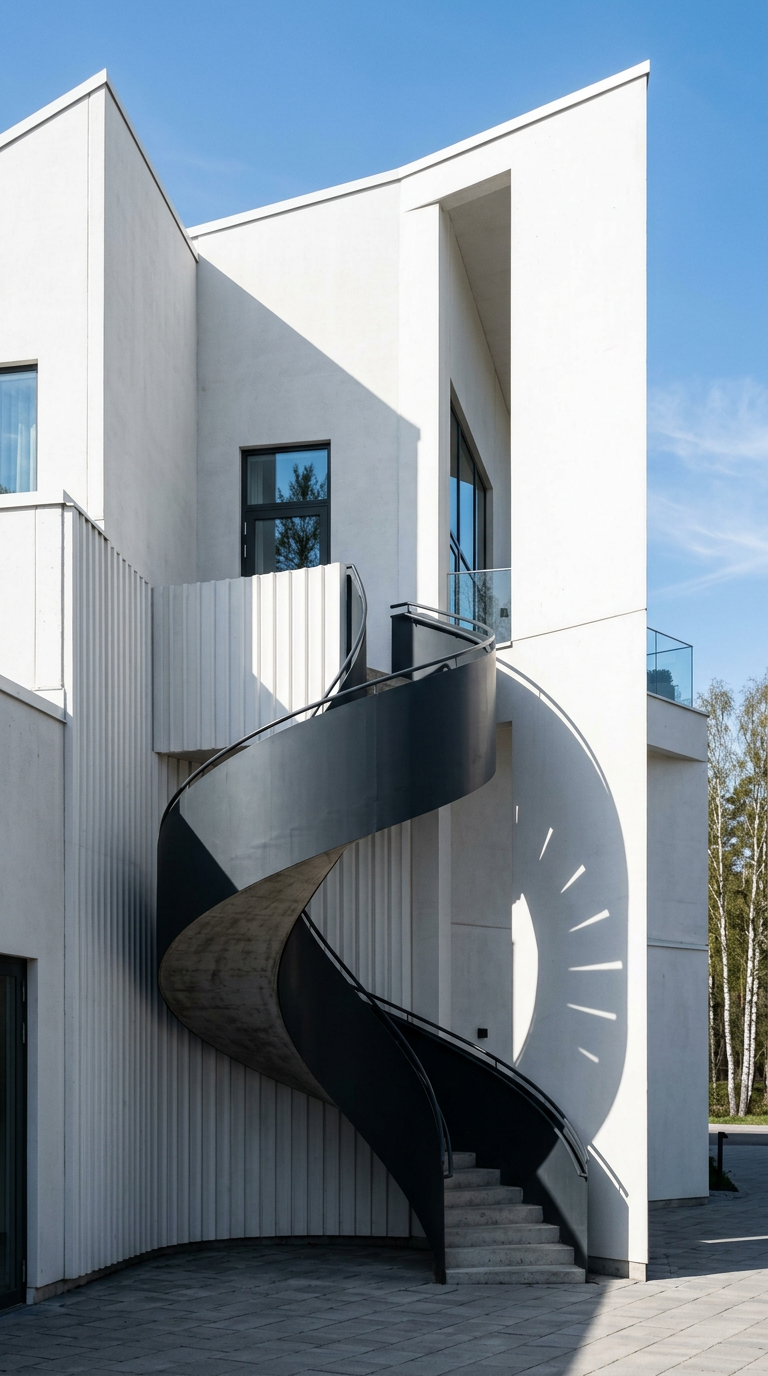 Hvit betongbygning med buet trapp og skarpe skygger