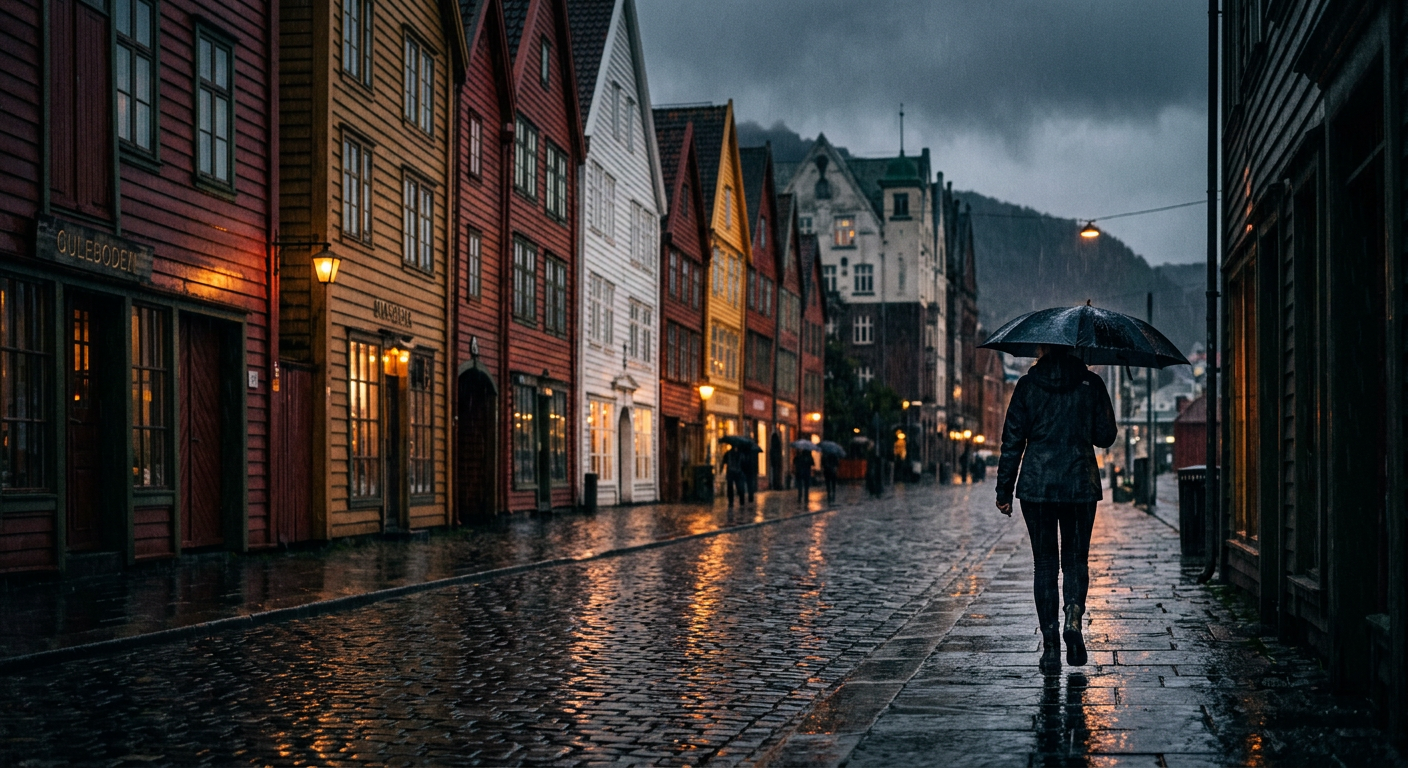 Fargerike trehus på Bryggen en regnfull kveld med refleksjoner i brosteinen