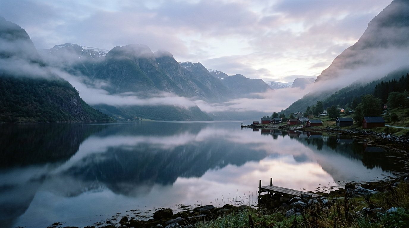 Tåkete fjord ved soloppgang med speilblankt vann og fjell