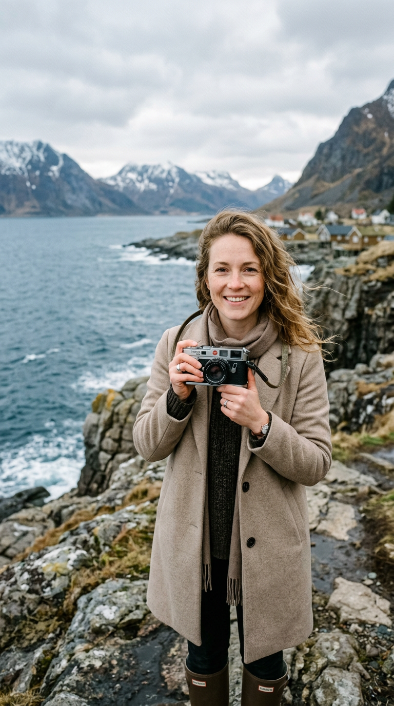 Ingrid Solberg med et analogt kamera ved sjøen