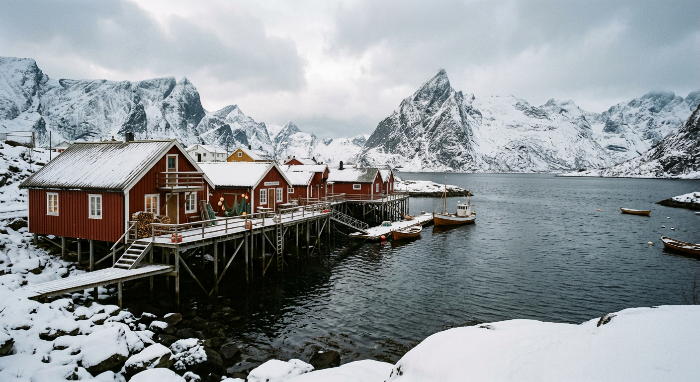 Røde rorbuer på påler med snødekte fjelltopper i bakgrunnen