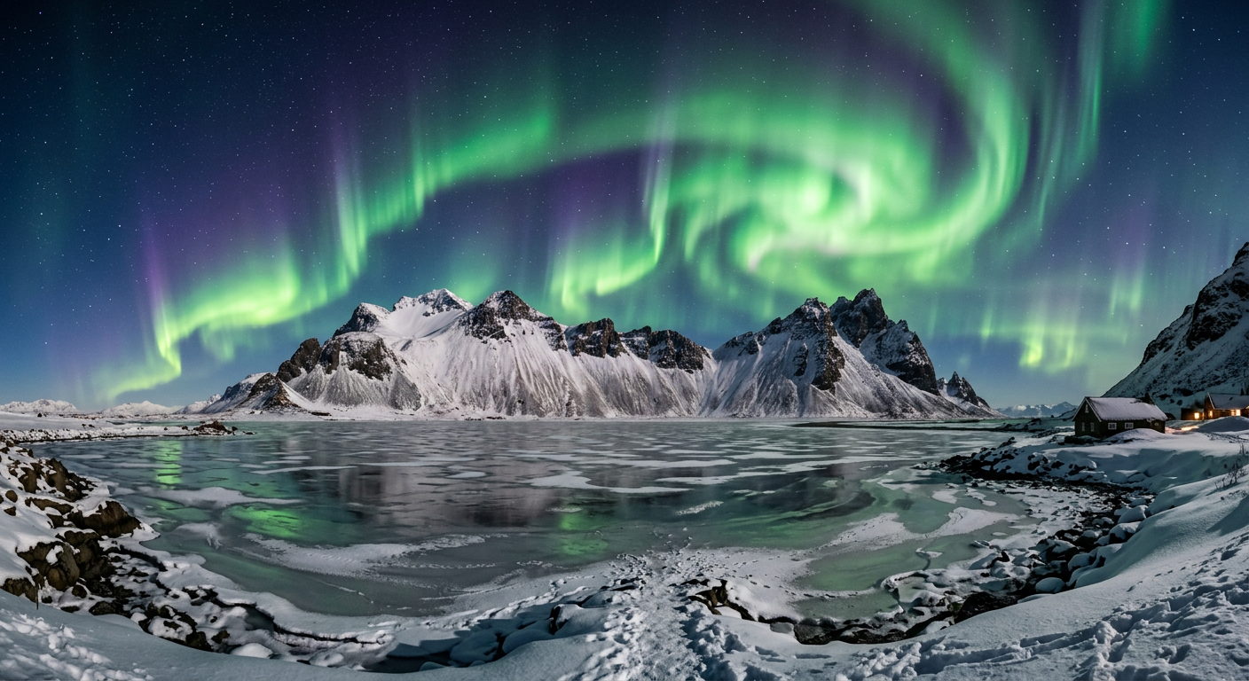 Grønt og fiolett nordlys over snødekte fjell og islagt innsjø